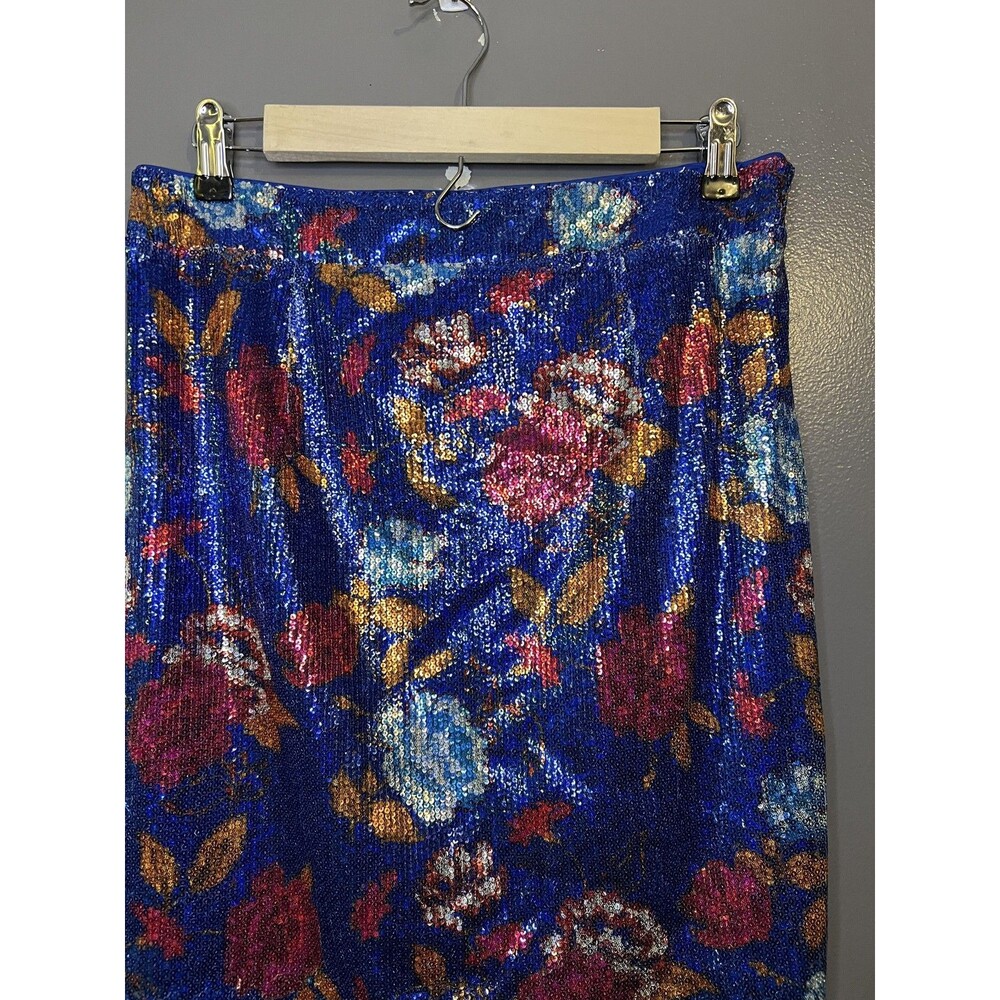 GILI Skirt Womens 8 Blue Multicolor Floral Sequin Pencil Knee Length Lined Party